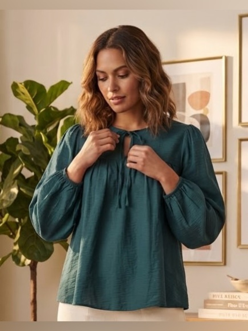a new day Teal Tie-Neck Peasant Blouse